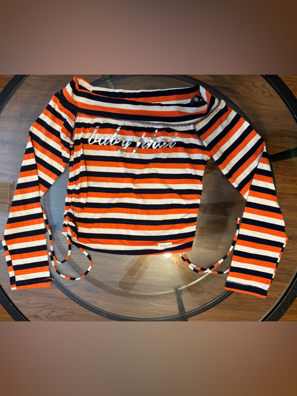 Baby Phat Brand Orange Black White Striped Long Sleeve Crop Top Size L